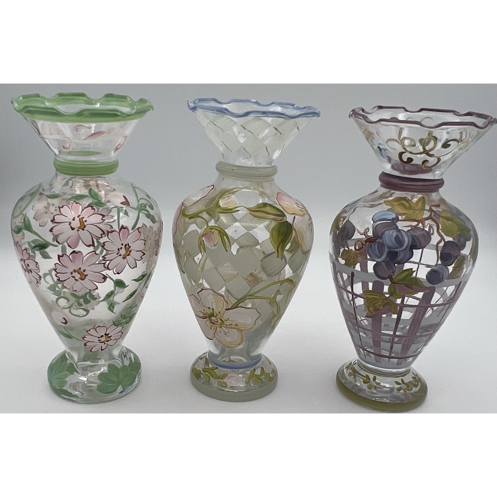 3 Tracy Porter Vintage Vase Hand Painted Elegant Colorful Floral Glass Pastels